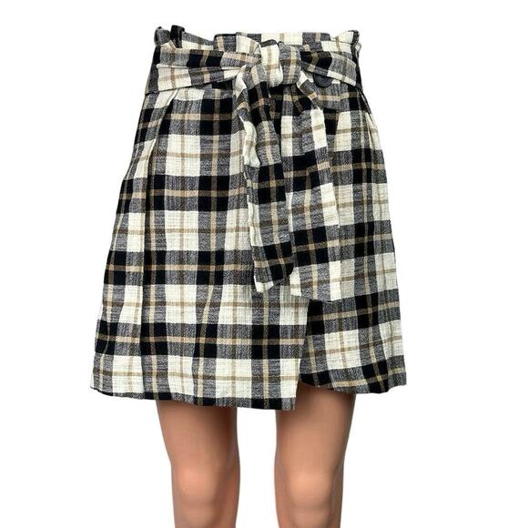 NEW Zara Black White Plaid Paperbag Tie Belt Preppy Checkered Wrap Mini Skirt XS - Picture 1 of 7